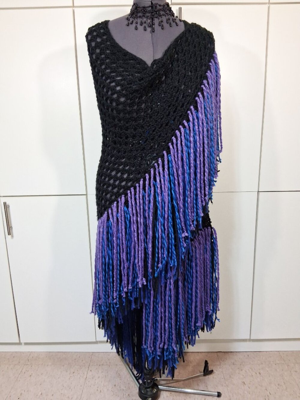 Boho Black with Royal Blue - Purple - Black Super Fringe Shawl - Picture 3 of 12